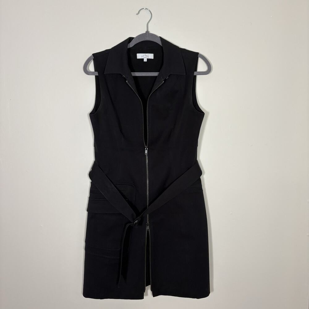 Pearl by Lela Rose Zip Front Mini Sheath Dress Black Sleeveless Belt 4 MSRP $455